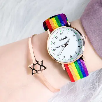 Moda Luksuzni Žensk Quartz Ure Ženske Rainbow Barva Tkanine Pasu Zapestne Pazi za Ženske Stilsko Obleko Ura Reloj Mujer