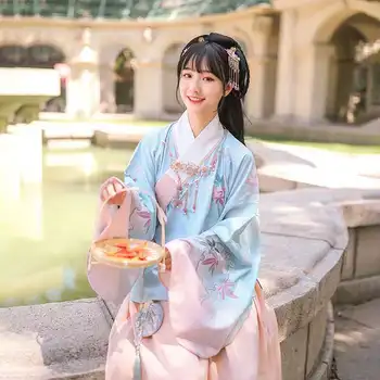 Starodavne Dinastije Ming Kostum Kimono Ženska Japonski Ženske Elegantne Hanfu Kitajski Flare Rokavi Top in Krilo Ženska Oblačila, ki