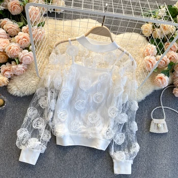 Nomikuma korejski 3D Cvetlični Bluzo Določa Vidika Očesa Sladko Puff Rokav O-vratu Lace Majica + Osnovni Zanko Brezrokavnik Ženske Obleke 6E027