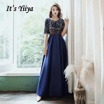 Elegantno Večerno Obleko je Yiiya AR479 Mornarsko Modra Pisane Sequined Haljo De Soiree O-vratu Formalnih Obleke Pol Rokav Večerne Obleke