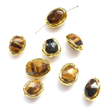 Narava ovalne tiger oči kamen priključek kroglice z zlato electroplated robovi za nakit, izdelava