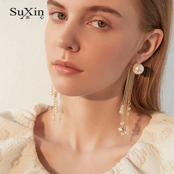 SuXin uhani 2020 novo preprost zlato pearl tassel temperament uhani za ženske dolgo pearl obesek, uhani nakit darilo