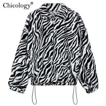 Chicology Krzno Zebra Print Zip Majica Oversize Svoboden Kpop Vrh 2020 Dolg Rokav Pozimi Pade Kawaii Oblačila Y2K Ulične