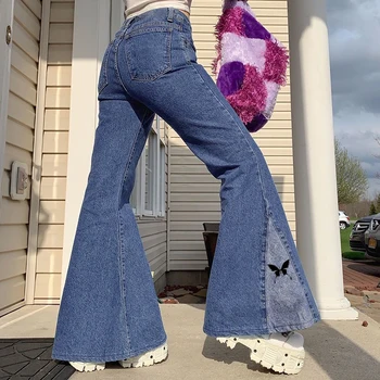 HEYounGIRL Metulja Print Mozaik Flare Jeans Ženska Priložnostne Denim Visoko Pasu Hlače Modni Y2K Dame Joggers Ulične 2020