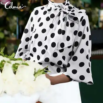 Celmia Plus Velikost Moda Za Ženske Saten Bluzo 2021 Priložnostne Luč Rokav Polka Dot Elegantne Srajce Lok Tunika Vrhovi Svoboden Delo Blusas