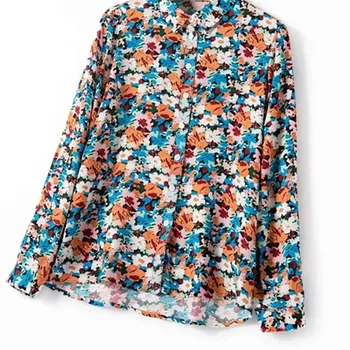 2020 Pomlad Poletje Ženske Cvetlični Bluzo ženske znižuj Ovratnik enotni-zapenjanje Cvetje Printted Elegantna Ženska majica in top