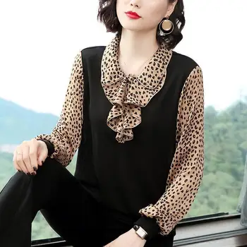 Vintage Ruffle Vrh Bluze Plus velikost Ženske Oblačila Leopard Long Sleeve Majica Svoboden Dame Vrhovi Elegantno Puff rokav Jeseni leta 2020