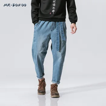 MRDONOO Moški svoboden noge hlače Kitajski veter storiti stare retro oprati nepakirana jeans pas B375-K47