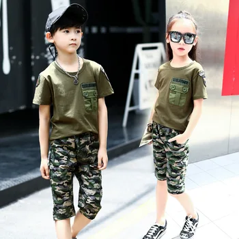 Nov Poletni Fantje maskirno vojaško usposabljanje nastavite otroška T-shirt kratek rokav 2pcs set