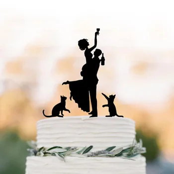 Smešno Poročna Torta pokrivalo,Pijan Nevesta z dvema mačke Torto Pokrivalo, Ženin in Nevesta na Poroko Silhueto torto pokrivalo