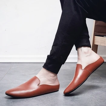 Zunanji moških usnje udobno pol čevlji za moške stran natikači blagovne znamke oblikovalec italijanski mens priložnostne čevlji vroče prodaje ayakkabi w5