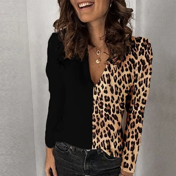 Leopard Natisnjeni Šifon Ženske Mozaik za 2021 Ženska Majica z Dolgimi Rokavi Ženske Pomlad Vrh tunika plus velikost oblačila nov prihod