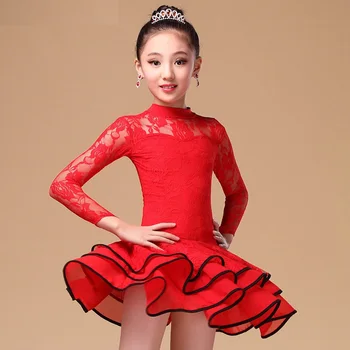Čipke Bleščica Otroci Najnovejši Seksi Dvorana Obleke Tango Salsa latinski Ples Obleko Otrok, rdeče, črne čipke obleko za deklice dolg rokav