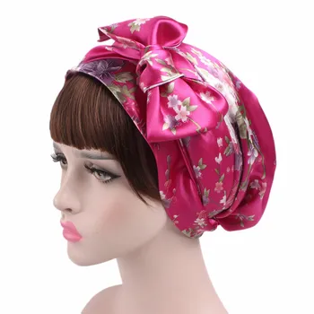 Nove Ženske Bowknot Cvjetnim Tiskanja Turban Svilnato Saten Spanja Skp pripravljen nositi Bonnet Kapa Headwrap Kritje Islamske Hidžab Dodatki