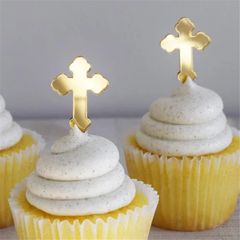 6 * Osebno Svetega Križa Zlato Ogledalo Akril Cupcake Okraski & Izbor Za Krst & Krst Baby Tuš Svate