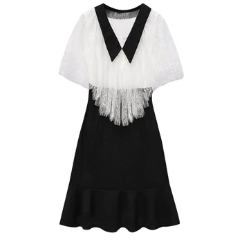 Plus Velikost Ženske Elegantno sexy morska deklica Obleko Poletje 2020 Moda Proti-vrat Bele Čipke Rokav Mozaik Črno Ruffle Obleke