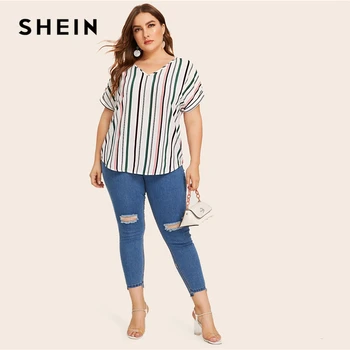 SHEIN Plus Velikost Multicolor Ukrivljen Robom Prugasta Bluzo Vrh Ženske Poletje V Vratu Kratek Rokav Priložnostne Plus Vrhovi in Bluze