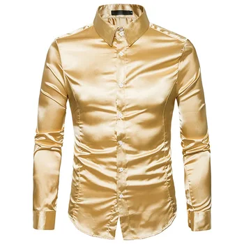 Kovinsko Zlata Barva moška Majica korejska Različica Men ' s Long Sleeve znižuj Ovratnik Priložnostne Srajco Spomladi In Jeseni