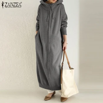 Moda Hooded Hoodies Coats Ženske Jopice 2021 ZANZEA Priložnostne Zadrgo Dolg Rokav Outwears Ženski Trdna Maxi Haljo Plus Velikost