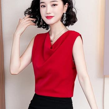 Korejski Ženske Bluze Elegantna Ženska Saten Bluzo Majica Plus Velikost Vrhovi Ženska Brez Rokavov V Vratu Blusas Mujer De Moda Camisas Mujer