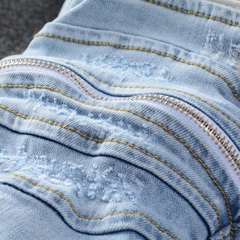 Sokotoo Moške svetlo modra bela PU usnje mozaik biker jeans, Moda ulične vitek, suh stretch traper hlače