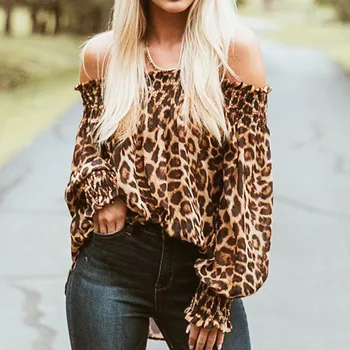 Najnovejši Ženske Leopard Natisnjeni Long Sleeve Majica 2019 Modna Jesen Pomlad Off Ramenski Rokavi Ženske Priložnostne Svoboden Vrhovi Bluzo Vroče