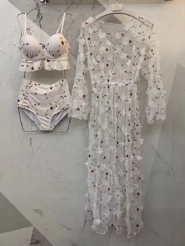 Ženske nov tri-delni seksi kopalkah, ki bo ustrezala Plažo, split kopalke, moda, seksi, čipke, ki se zbirajo, plaža bluzo bikini obleko
