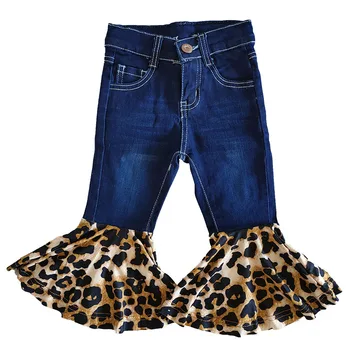 Debelo ŠT MOQ RTS Visoke Kakovosti Malčka Dekleta Leopard Ruffle Bell Dno Mehko Denim Boutique Spadajo Hlače Otroci Flare jeans Hlače