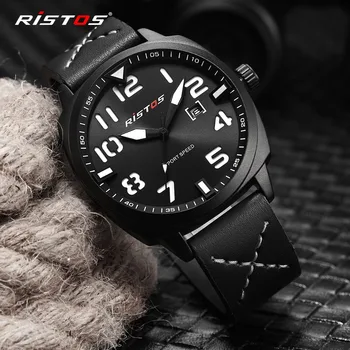 RISTOS Moških Quartz Analogna Watch slogu Vojske Usnje Ure Reloj Masculino Hombre Človek Moda Šport Gledam Vojaške Design 9351