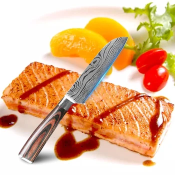 Kuhinjski Nož Iz Nerjavečega Jekla Laser Damask Vzorec Barve Lesa Ročaj 3