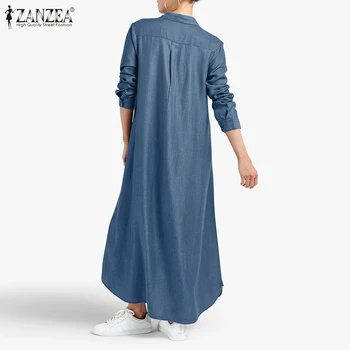2021 Moda Denim Blue Sundress ZANZEA Elegantne Ženske V vratu Dolg Rokav tam kaftan Obleko Priložnostne Trdna Svoboden Dolgo Vetidos Femme Robe