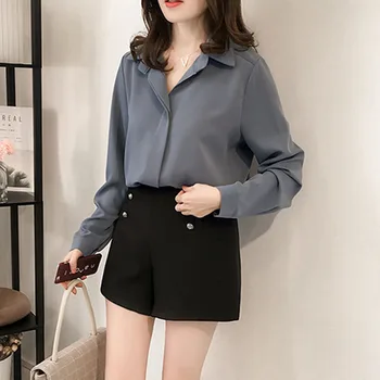 Elegantne Ženske Elegantna Modra Majica Dolg Rokav Šifon Bluzo Preprosta Ženska Čisto Korejskih Žensk, Plus Velikost Oblačila Modni Majice D553