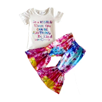 Vroče prodajo fashion otroci poletje obleko baby dekle pisane črke design majico in tie-dye bell hlače nastavite dekle moda obleko