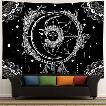 Luna in Sonce Psihedelični Bohemian Mandala Steno, Tapiserija, Črno in Belo Indijski Hipi Nebesnih Tapiserija
