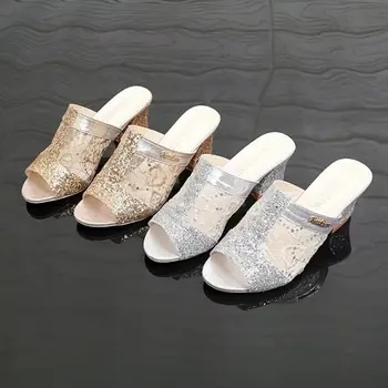 Xiaying Nasmeh Nov modni divje sandali in natikači poleti z ribami usta neto preja debele pete sandala sequins