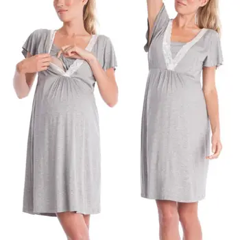 Poletje Ženske Kratek Rokav Čipke Tunika Pižamo Sleepwear Bombaž Nightgown Svoboden Siva Porodniškega Noseča Salon