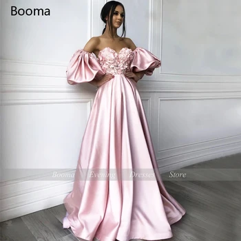 Arabski Roza Satenasto Prom Obleke Izklop Snemljiv Ramenski Rokavi Večerne Obleke 3D Cvetje Beaded A-Linijo Dolgo Formalno Oblek