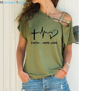 Vera, Upanje, Ljubezen Krščanske Ženske T-shirt Slash Neck Majica s kratkimi rokavi Ženske Priložnostne Tshirt Poletje Priložnostne Nezakonitih Skew Križ Povoj Vrhovi
