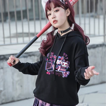 Gothic Punk Grunge Black Harajuku Anime Tiskanja Hoodie Ženske Oversize Dolg Rokav Ohlapen Pulover Vintage Oblačila Dropshipping худи