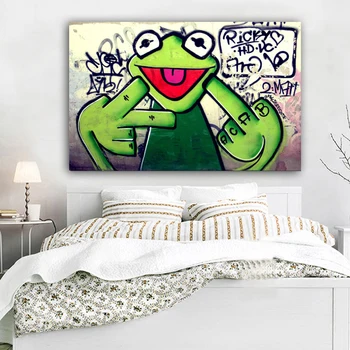 Ulica Grafiti Umetnost Žaba Kermit Prst Poster Tiskanje Platno Slikarstvo Živali Oljna Slika, Stenske Slike Za Dnevna Soba Brez Okvirja