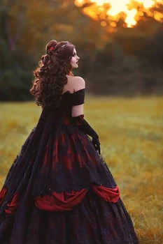 Gothic Belle Rdeče Črne Čipke Poročne Obleke 2020 Letnik Čipke-up Korzet Lepoto Off Ramenski Plus Velikost Korzet, Dolgo Poročne Oblek