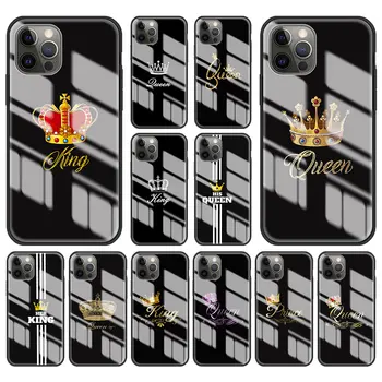 Kaljeno Steklo Primeru Telefon Za iPhone Mini 12 11 Pro X XS Max XR SE 2020 7 8 6 6S Plus Zlato Kralj, Kraljica Težko Pokrivajo Coque Funda