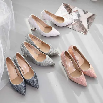 Poročni čevlji ženske opozoril debele pete kristalno visoke pete eno čevlji sequins srebro Družico Poročno obleko in stranka shoekj