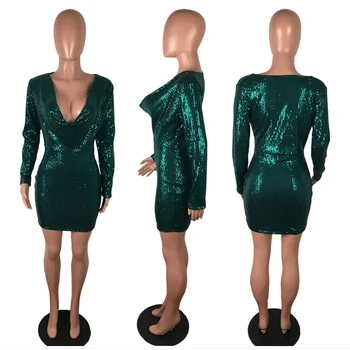 Zelena Bleščice Sequined Bodycon Obleko Globoko V Vratu Dolg Rokav Paket Hip 2019 Modni Ženski Božično Zabavo, Praznovanje Obleke