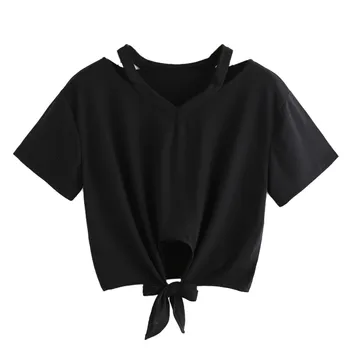 Nove ženske kratke oplaščeni t-shirt moda priložnostne izrežemo Proti-vrat lok kravato povoj T-shirt majica s kratkimi rokavi top barva
