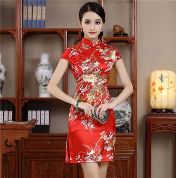 Rdeči Modni Kitajski Slog Cheongsam Nov Prihod Poletja Žensk Rajon Mini Obleko Elegantno Vitek Qipao Vestidos Velikost S M L XL XXL