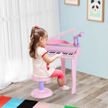 HOMCOM Klavir Infantil 37 Teclas Teclado Electronico Juego de Klavir con Microfono Taburete Luces y 22 Canciones USB/MP3 Rosa