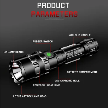 Lov Taktično Svetilko LED L2 Svetilka USB Polnilne Vodotesno Svetilko Super Lahka 8000LM Močna 5 Način 18650 Baterijo