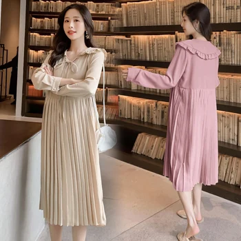 7009# 2020 Jeseni korejski Moda Porodniškega Dolgo Obleko Elegantno Sladko Naguban Oblačila za Nosečnice Spadajo Nosečnosti Oblačila