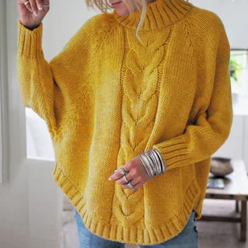 Plus velikost pleteni pulover Ženske batwing rokav prevelik pulover Črna rumena kaki roza trdna leni oaf puloverju Padec skakalec